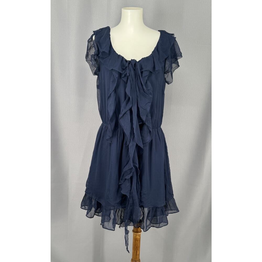Cremieux Dress Medium Blue Silk Flounce Ruffly Sleeve Mini Lined Layered Dainty